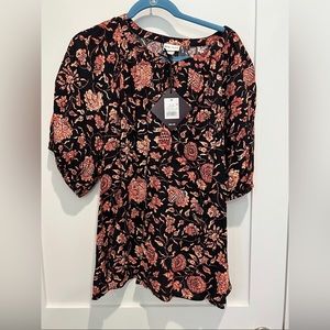 Orange floral dolman sleeve peasant top with tie neck flowy autumn casual